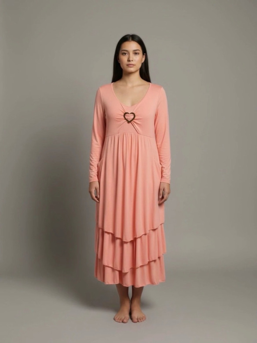 Long Sleeve Tiered Maxi Dress with Heart Detail - Peach Color Plus Size
